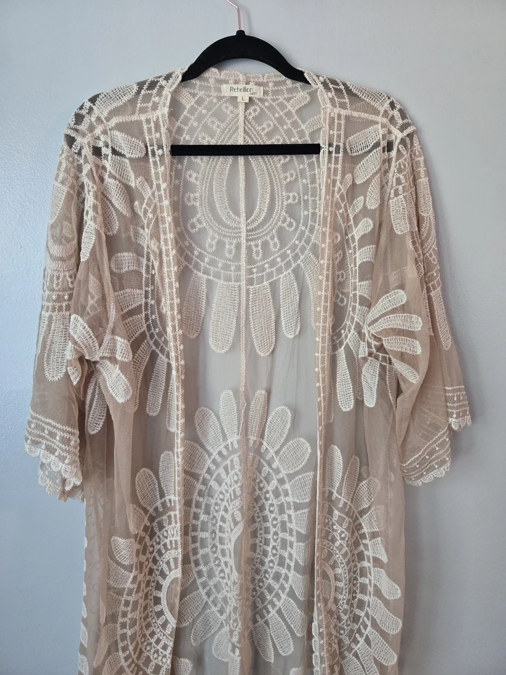Rebellion Again Beige Lace Medallion Kimono Cardigan Duster Large Boho Sheer